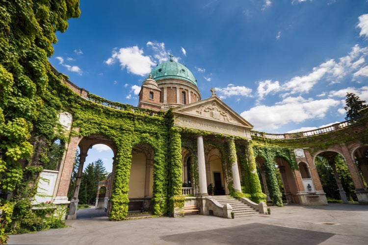 Photo of entrance to Mirogoj cemetery with Church of King Christ in Zagreb, Croatia.