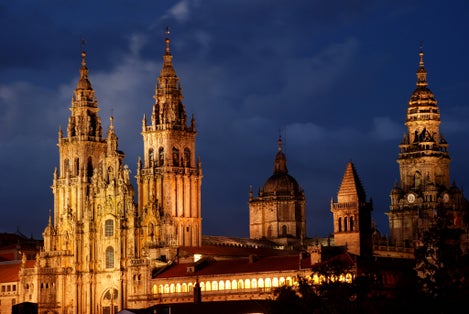 Photo of Cathedral of Santiago de Compostela at night, Spain.