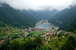 Photo of aerial view to the Uzungol lake famous tourist destination in summer in city of Trabzon ,Turkey.