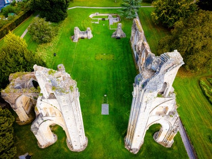 Photo of aerial view of ruins of Glastonbury Abbey, was a monastery in Glastonbury, Somerset, England.