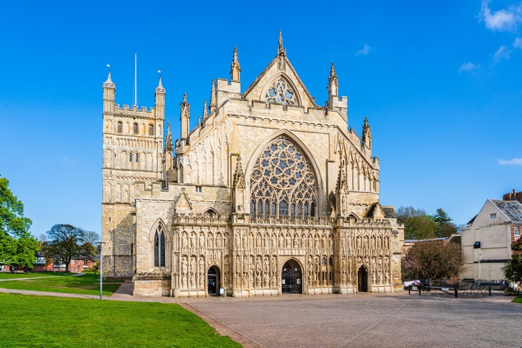 Photo of the grand Gothic style Cathedral at Exeter Devon, England UK.