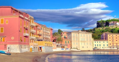 Photo of aerial view of Levanto or Levante, a beautiful fishing village in Liguria, Italy.