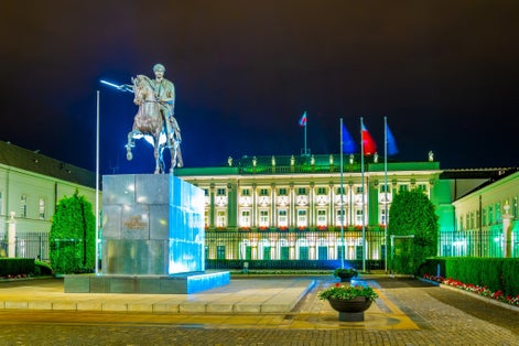 Jozel Poniatowski Sculpture outside of the Namiestnikowski Palace Residence of the President of the Republic of Poland in Warsaw during night