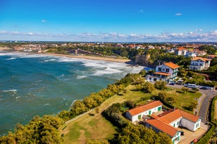 photo of an aerial view above Saint-Jean-de-Luz is a fishing town at the mouth of the Nivelle river, in southwest France’s Basque country. 