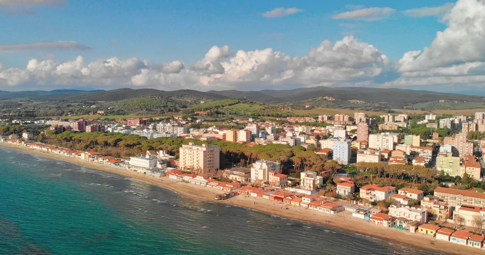 Panoramic aerial view of Follonica coastline - Italy.