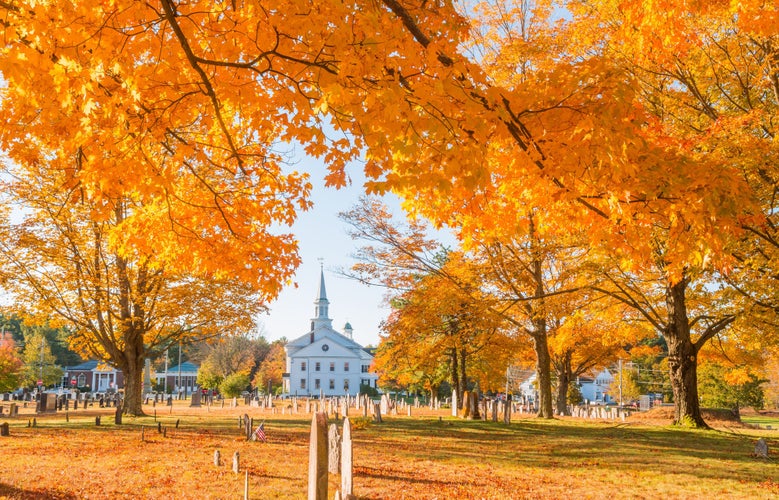 Photo of golden autumn in Hanover, Massachusetts cemetery.