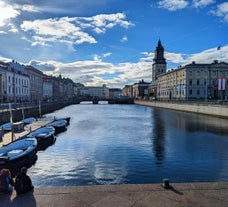 Photo of Motala stream in Norrkoping during fall, that is a historic industrial town in Sweden.