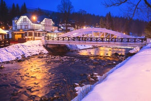 Photo of aerial view of Spindleruv Mlyn resort in winter, Hradec Kralove, Czech Republic.