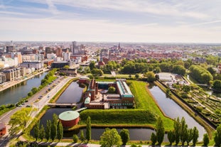 Photo of aerial view of the port and the city of Höganäs in southern Sweden.