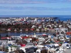 Panoramic view of Reykjavik, the capital city of Iceland, with the view of harbor and mount Esja.