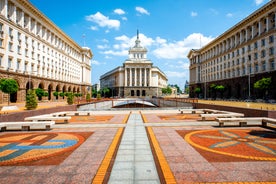 Antique building view in Old Town Bucharest city - capital of Romania and Dambrovita river. Bucharest, Romania, Europe.