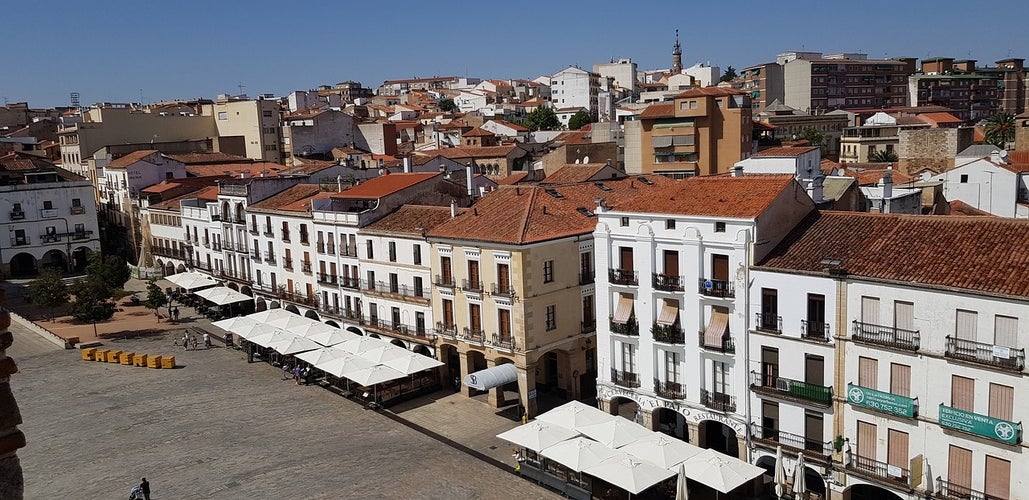 Cáceres, Spain,the Plaza Mayor of Cáceres , the old town of Cáceres. View from the town hall of the main square of Cáceres.