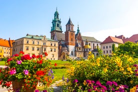 Photo of aerial view of Pszczyna with main market square, colorful old buildings and clear blue sky, Pszczyna, Upper Silesia, Poland.