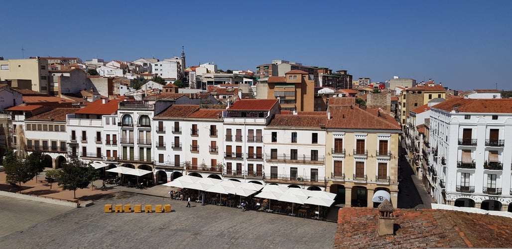 Cáceres, Spain,the Plaza Mayor of Cáceres , the old town of Cáceres. View from the town hall of the main square of Cáceres.