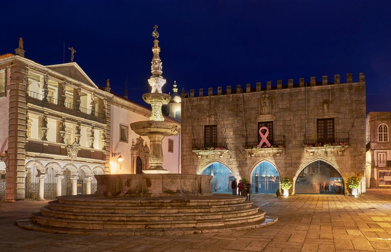 Square in the town of Viana do Castelo in Portugal. City lights at night