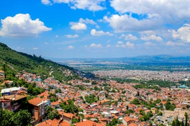 road landscape in the city. Turkey travel in summer. Highway view in beautiful city. Car driving on the road in city. Travel view in asian cities. Highway landscape in summer. Bursa, Turkey.