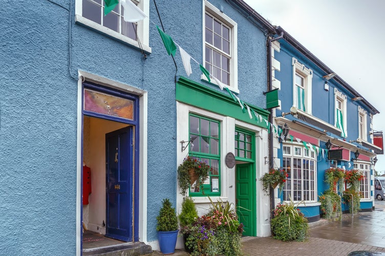 Street with bright houses in Adare, County Limerick, Ireland