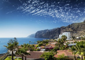 photo of aerial shot of Costa Adeje area, South Tenerife, Spain. Captured at golden hour, warm and vivid sunset colors. Luxury hotels, villas and restaurants behind the beach.