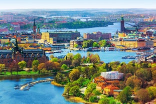 Photo of Motala stream in Norrkoping during fall, that is a historic industrial town in Sweden.