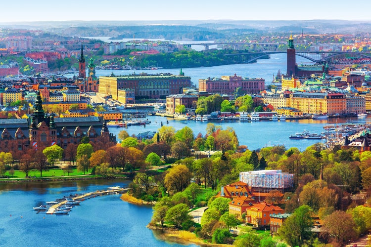 Scenic summer aerial panorama of the Old Town (Gamla Stan) architecture in Stockholm, Sweden.