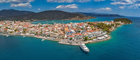 Photo of aerial view of Ermioni sea marina, Aegean sea, Greece.