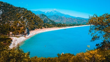 Photo of aerial view of the town of Kemer and sea from a mountain, Turkey.