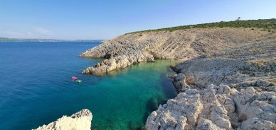 Photo of aerial view of Zaton tourist waterfront and Velebit mountain background, Dalmatia region of Croatia.