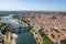 Photo of aerial view of Pavia and the Ticino, Cathedral of Pavia and Covered Bridge, Italy.