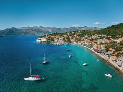 Photo of aerial view of Island of Lopud in Croatia.
