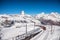 photo of Matterhorn peak and Gornergrat railway station on top hill, Zermatt, Switzerland.