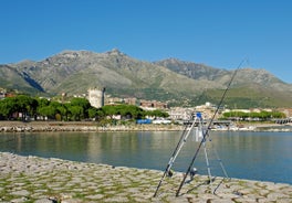 Photo of aerial view of beautiful coastal landscape with old town of Gaeta, Italy.