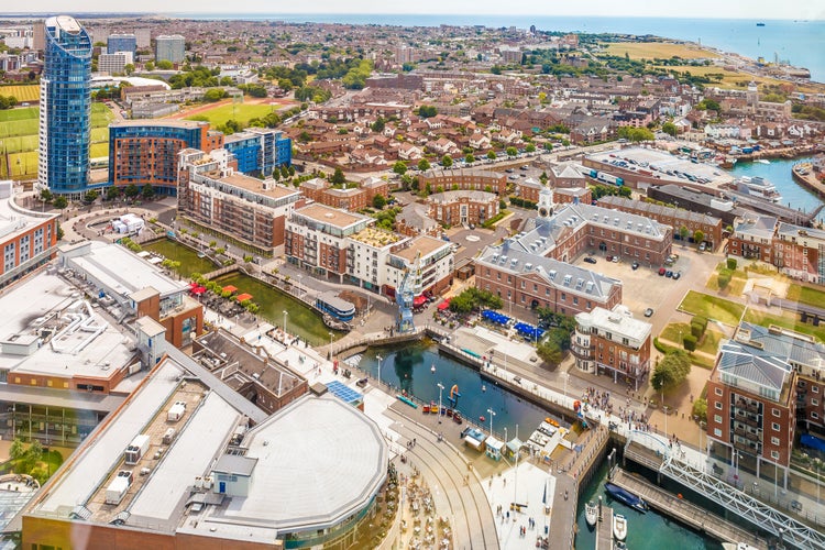 Aerial view of Portsmouth in the morning, UK