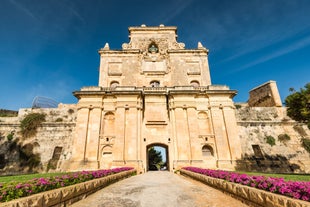Aerial view of Lady of Mount Carmel church, St.Paul's Cathedral in Valletta embankment city center, Malta.