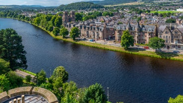 photo of Pitlochry panoramic aerial view with church. Pitlochry is a town in the Perth and Kinross council area of Scotland.