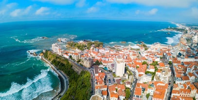 photo of an aerial view above Saint-Jean-de-Luz is a fishing town at the mouth of the Nivelle river, in southwest France’s Basque country. 