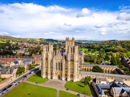 Photo of aerial view of Wells Cathedral is in Wells, Somerset, England, UK.