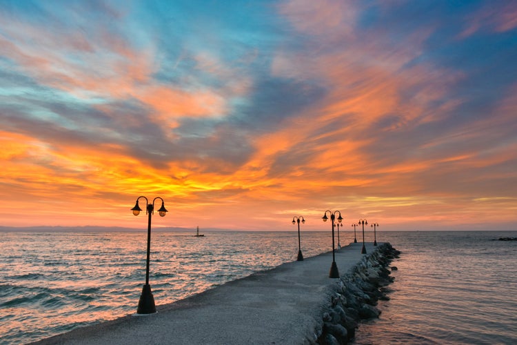 Paralia Katerini beach at sunrise. Greek summer sunrise at the sea. 