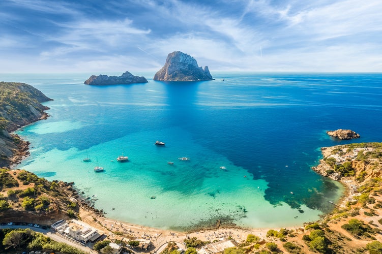 Photo of aerial view of Cala d’Hort, Ibiza islands, Spain.