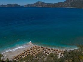 Photo of aerial view of Oludeniz Bay view in Fethiye Town, Turkey.