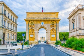 Photo of aerial view of Triumphal Arch or Arc de Triomphe in Montpellier city in France.