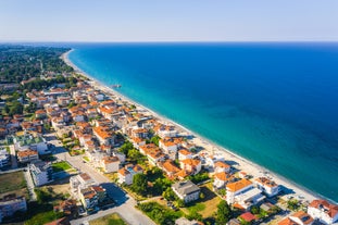 Photo of panoramic aerial view of Neos Panteleimonas beautiful town in south Pieria, Central Macedonia, Greece.