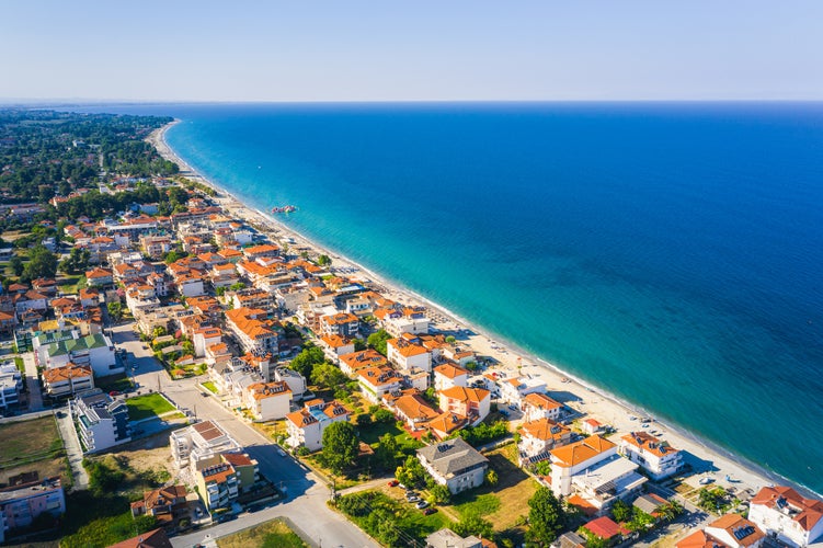 Photo of Paralia bech aerial view with beautiful beach area, Leptokarya, Greece.