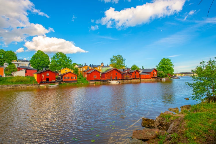 Old town of Porvoo, Finland. Beautiful city landscape with idyllic river and old buildings in Porvoo