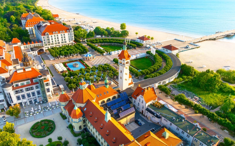 Sunny landscape of the resort town of Sopot and Molo - pier on the Baltic Sea. Poland