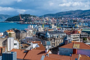 Photo of aerial view of the town of Cangas in the Bay of Vigo, Galicia, Spain.