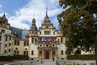 Photo of Metz city view of Petit Saulcy an Temple Neuf and Moselle River in Summer, France.