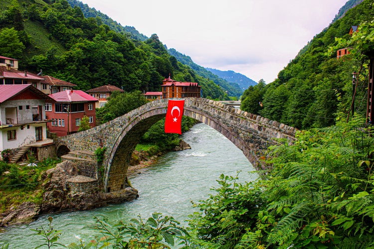 Photo of historical stone bridge over the creek, Rize, Turkey.