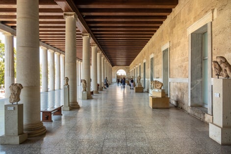Photo of Covered walkway of reconstructed Stoa of Attalos in the ancient Agora of Athens archaeological area