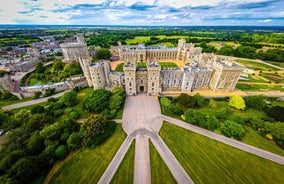 Photo of aerial view of Salisbury cathedral in the spring morning, England.