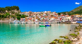 Photo of aerial view of beautiful colorful town of Parga, Greece .